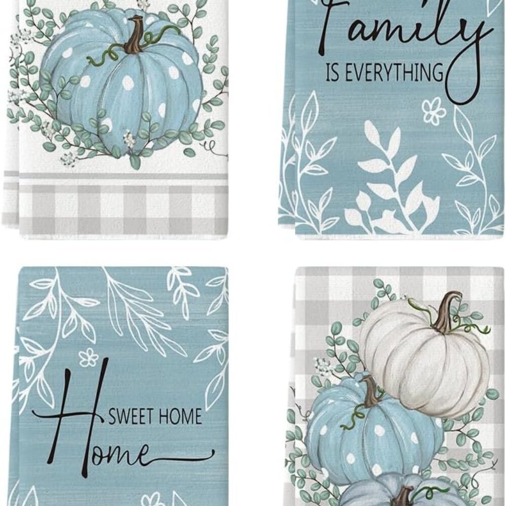 Blue Polka Dot Pumpkin Fall Kitchen Towels Dish Towels, 18x26 Inch Farmhouse Buf